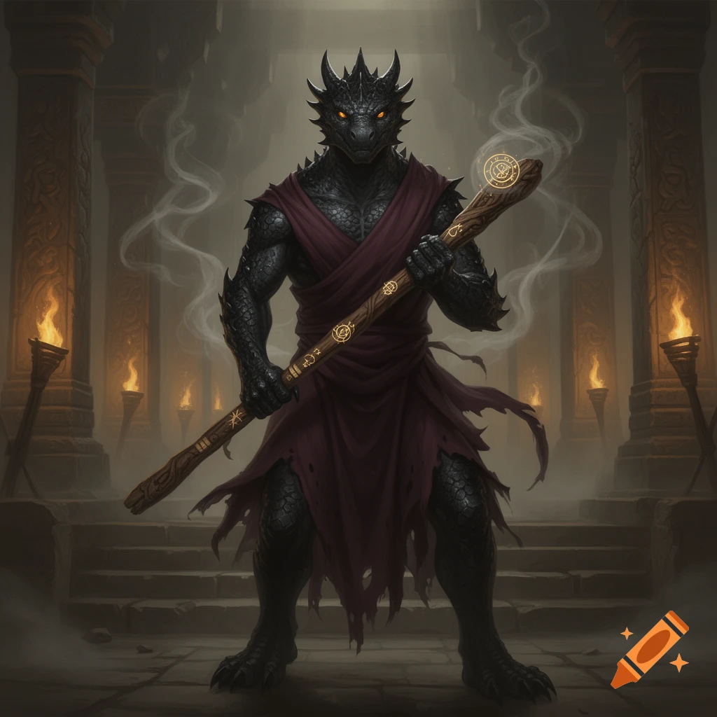 A black Dragonborn monk stands in a dark, torchlit temple, holding an ornate staff with glowing symbols.