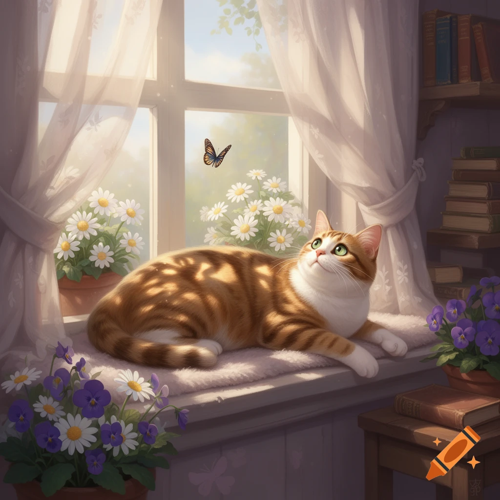 An orange and white tabby cat lies on a window sill, looking up at a butterfly outside, surrounded by potted flowers in soft sunlight.