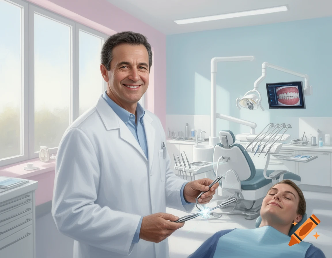 A smiling male dentist in a white lab coat holds dental tools, standing next to a patient in a dental chair in a modern office.