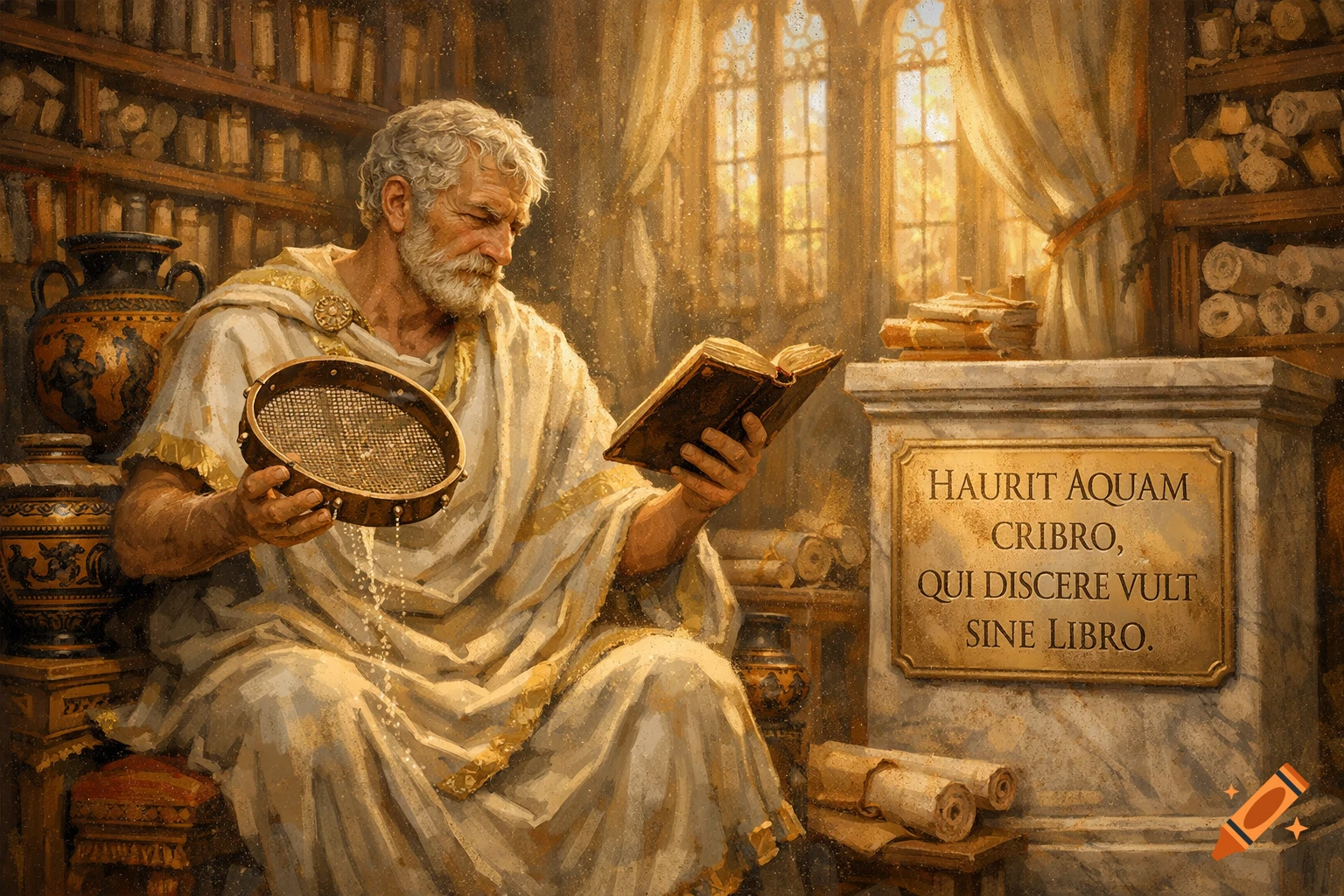 A white-bearded old man in a toga reads a book while holding a sieve, sitting in a dusty library with a Latin inscription.