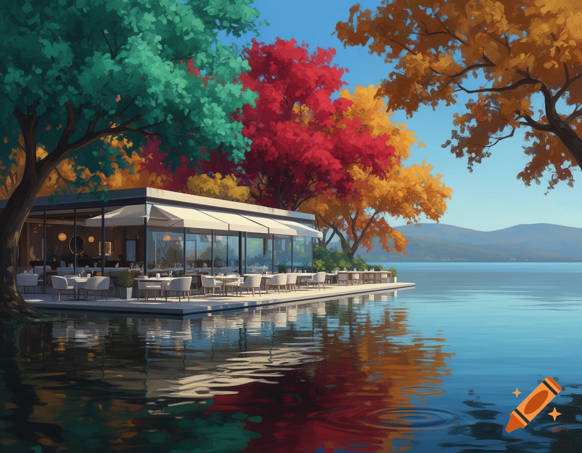 A stylized restaurant with outdoor seating on a deck next to a lake, surrounded by trees with vibrant red, orange, and green leaves.