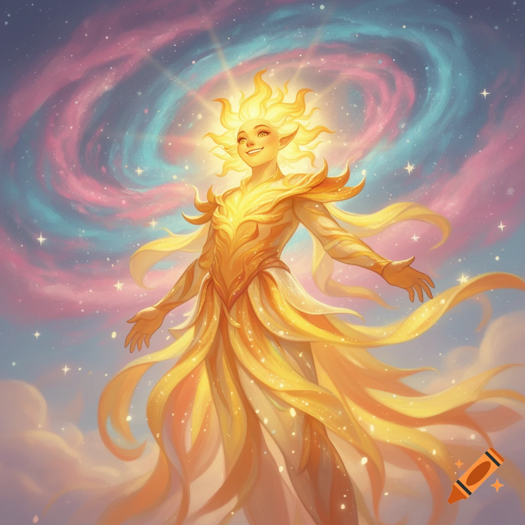 A joyful, glowing sun character with pointed ears and golden, flowing attire, stands against a starry pink and blue nebula.