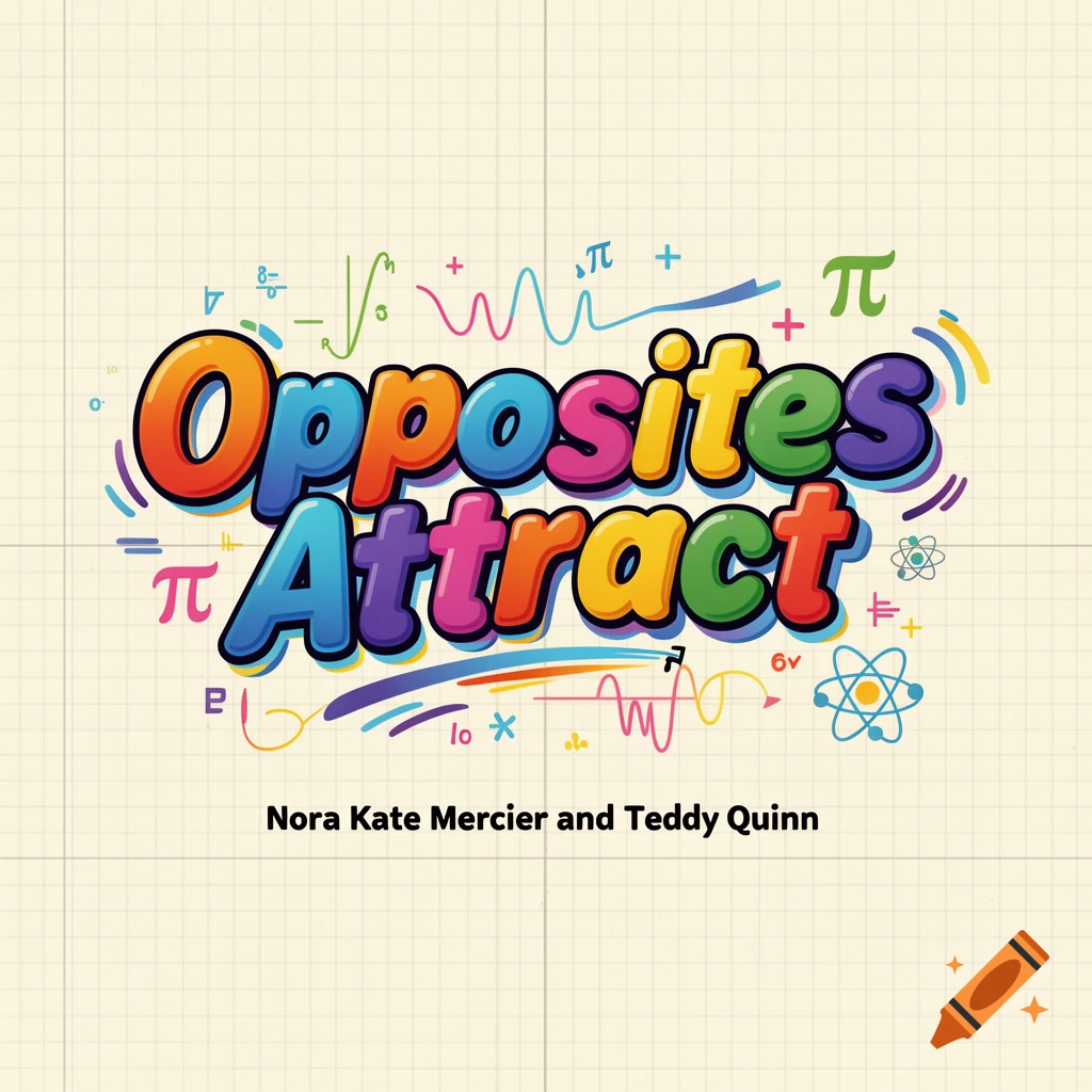 Colorful bubble letter logo for 'Opposites Attract' by Nora Kate Mercier and Teddy Quinn, set on grid paper with various math and physics symbols.