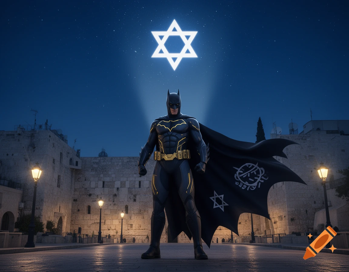 Batman, in a black and gold suit with a Star of David symbol on his cape, stands at night in front of the Western Wall with a glowing Star of David signal in the sky.