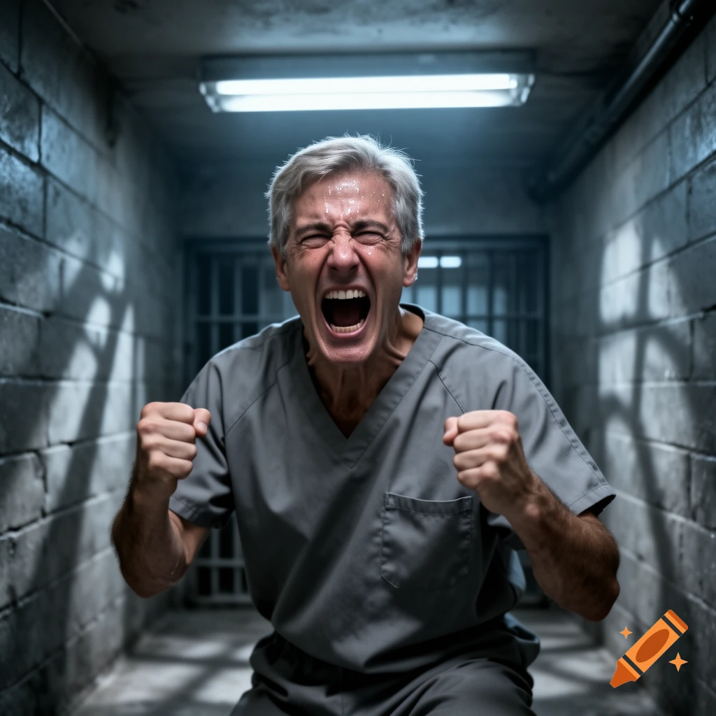 A distressed man with gray hair in a gray uniform screams and clenches his fists in a dark, brick-walled hallway resembling a prison.