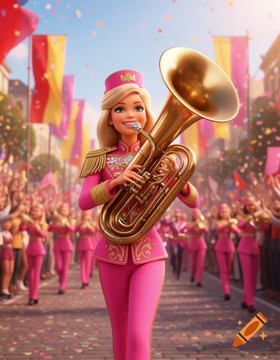 A 3D render of Barbie in a pink marching band uniform playing a golden tuba, leading a parade down a confetti-strewn street.