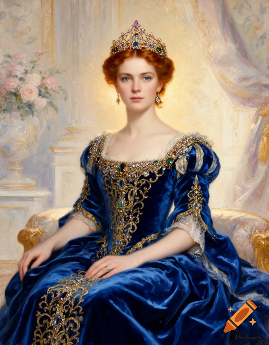 Oil painting portrait of a red-haired princess in an ornate blue velvet gown and jeweled tiara.