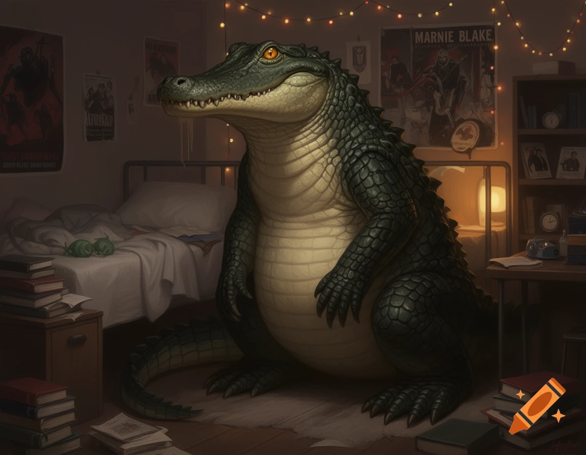A large, friendly alligator-like creature sits on a rug in a dimly lit university dorm room with string lights and posters.
