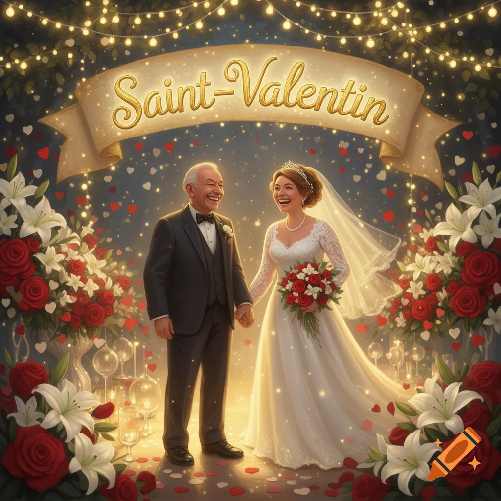 An older man and younger woman in wedding attire smile, holding hands under a 'Saint-Valentin' banner, surrounded by flowers, lights, and falling hearts.