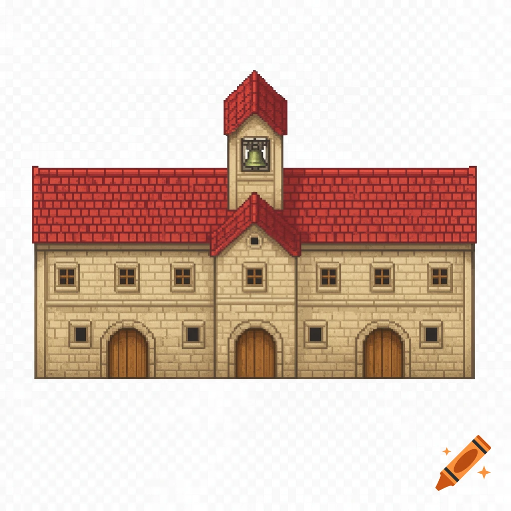 Front-facing pixel art medieval monastery with a red tile roof, beige stone walls, arched wooden doors, small square windows, and a bell tower, on a transparent background.