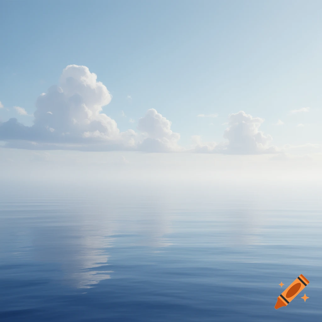 A serene view of calm blue ocean waters reflecting a bright blue sky with soft white clouds on the horizon.