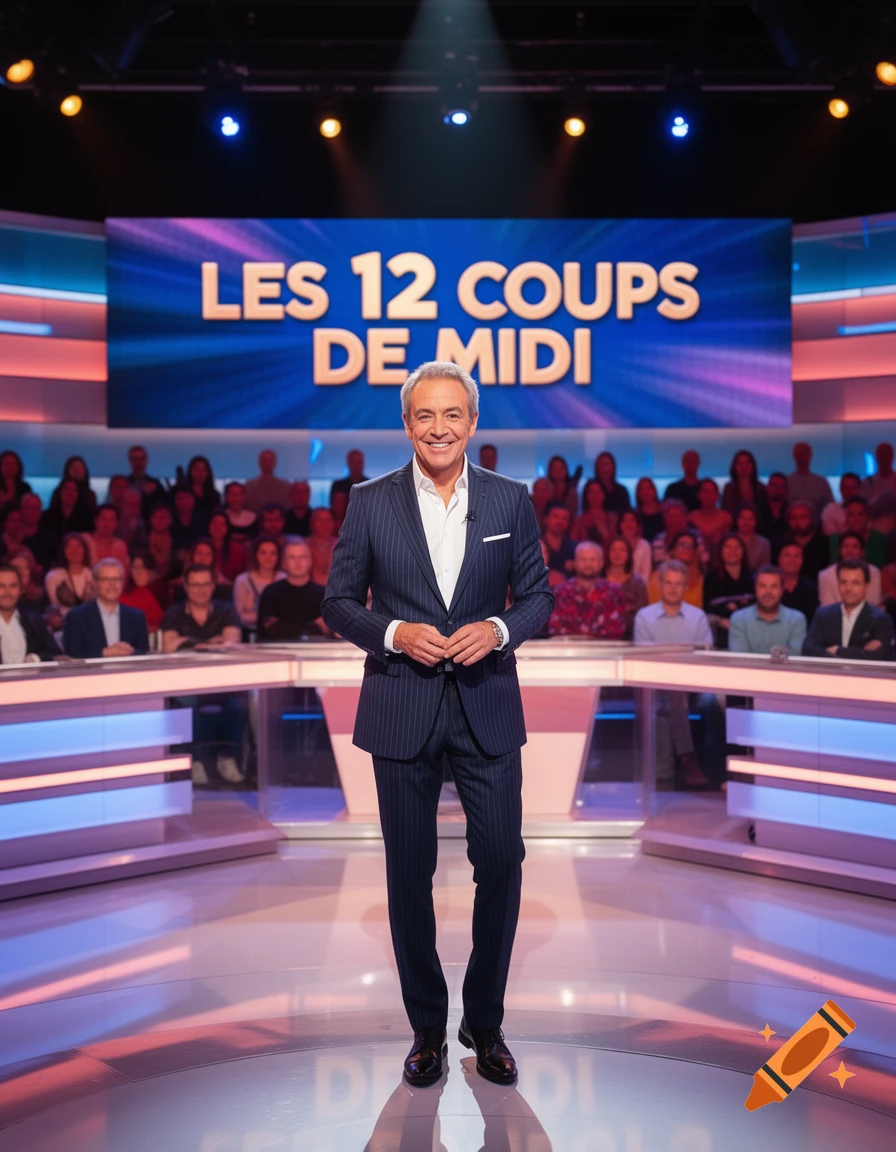 A smiling man in a pinstripe suit stands on a brightly lit TV game show set, with a large screen displaying "LES 12 COUPS DE MIDI" and an audience in the background.