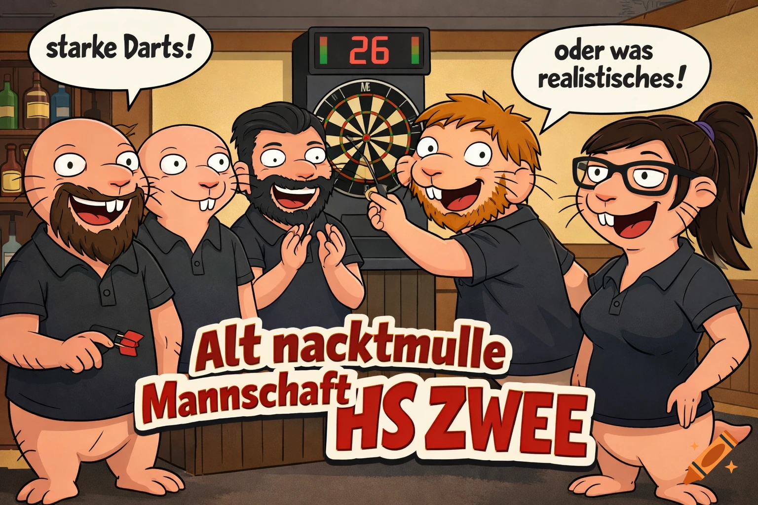 Five cartoon naked mole-rat-like characters in a bar, playing darts. One throws a dart, while others cheer. Speech bubbles say "starke Darts!" and "oder was realistisches!". A banner reads "Alt nacktmulle Mannschaft HS ZWEE".