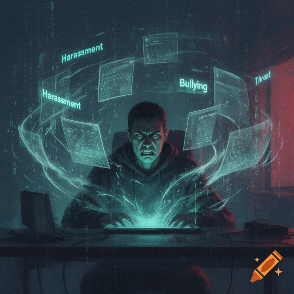 An angry man at a glowing keyboard surrounded by holographic screens displaying 'Harassment,' 'Bullying,' 'Threat' in a dark, digital setting.