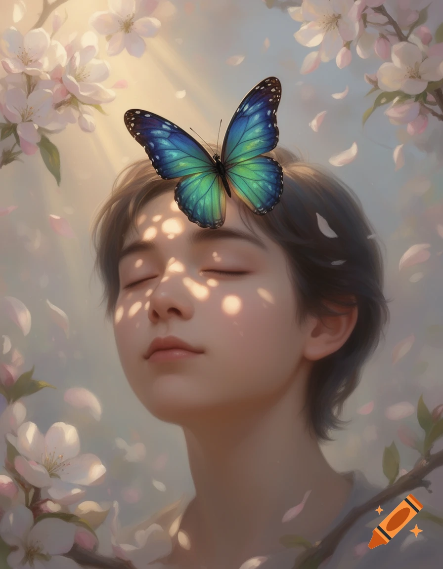A serene close-up of a person with closed eyes and a blue-green butterfly on their forehead, surrounded by soft cherry blossoms and dappled sunlight.
