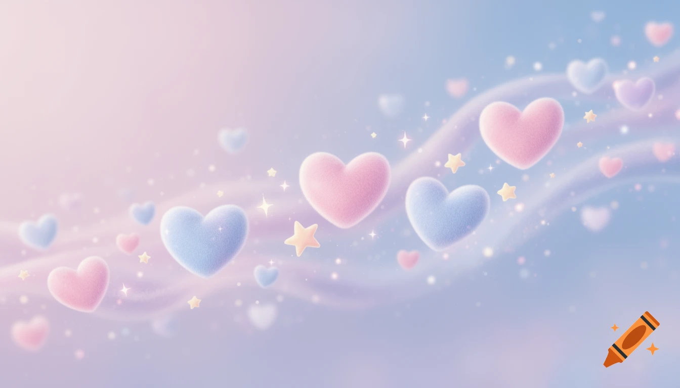 Fluffy pastel pink and blue hearts and yellow stars float on a soft gradient background with glitter and wavy lines.