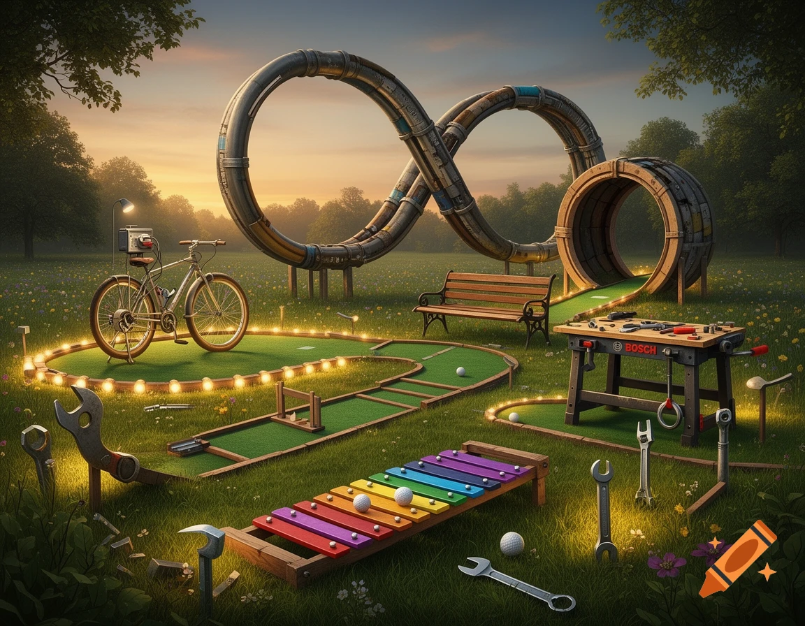 A creative outdoor mini-golf course with looping pipes, a bicycle, a workbench, a park bench, a xylophone, and tools as obstacles, set in a grassy landscape at sunset.