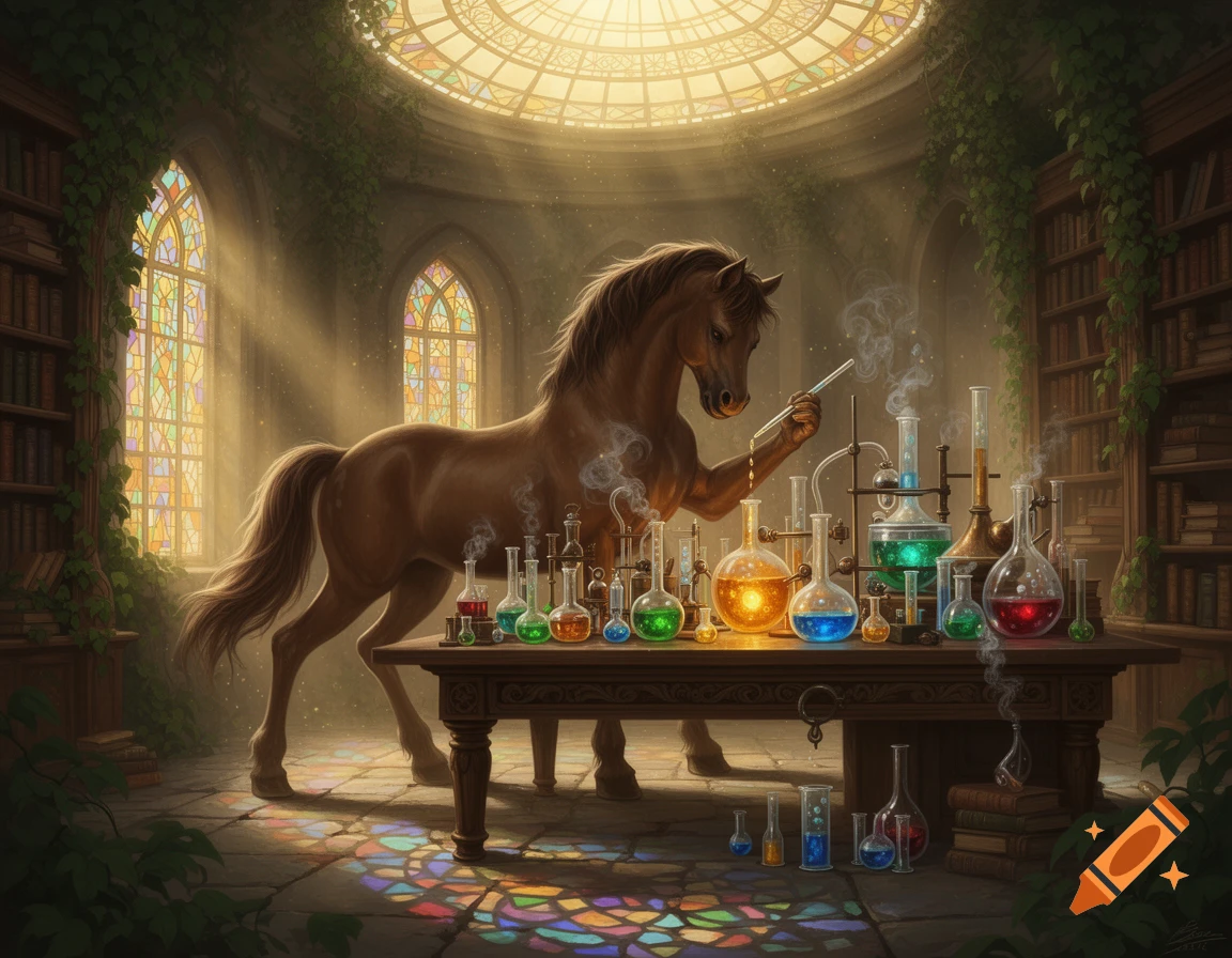 A horse-like creature with a human arm performs chemistry experiments with colorful beakers in a mystical, sunlit alchemy lab with stained glass windows.