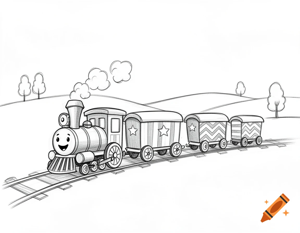 Black and white sketch of a smiling cartoon train with three wagons on tracks, moving left through a hilly landscape with trees.