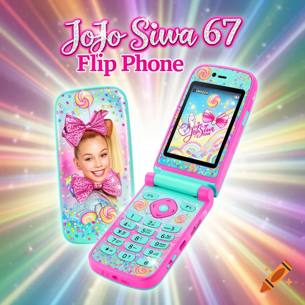 A vibrant pink and turquoise JoJo Siwa 67 flip phone with lollipops and confetti, showing JoJo's smiling face and Verizon logo.