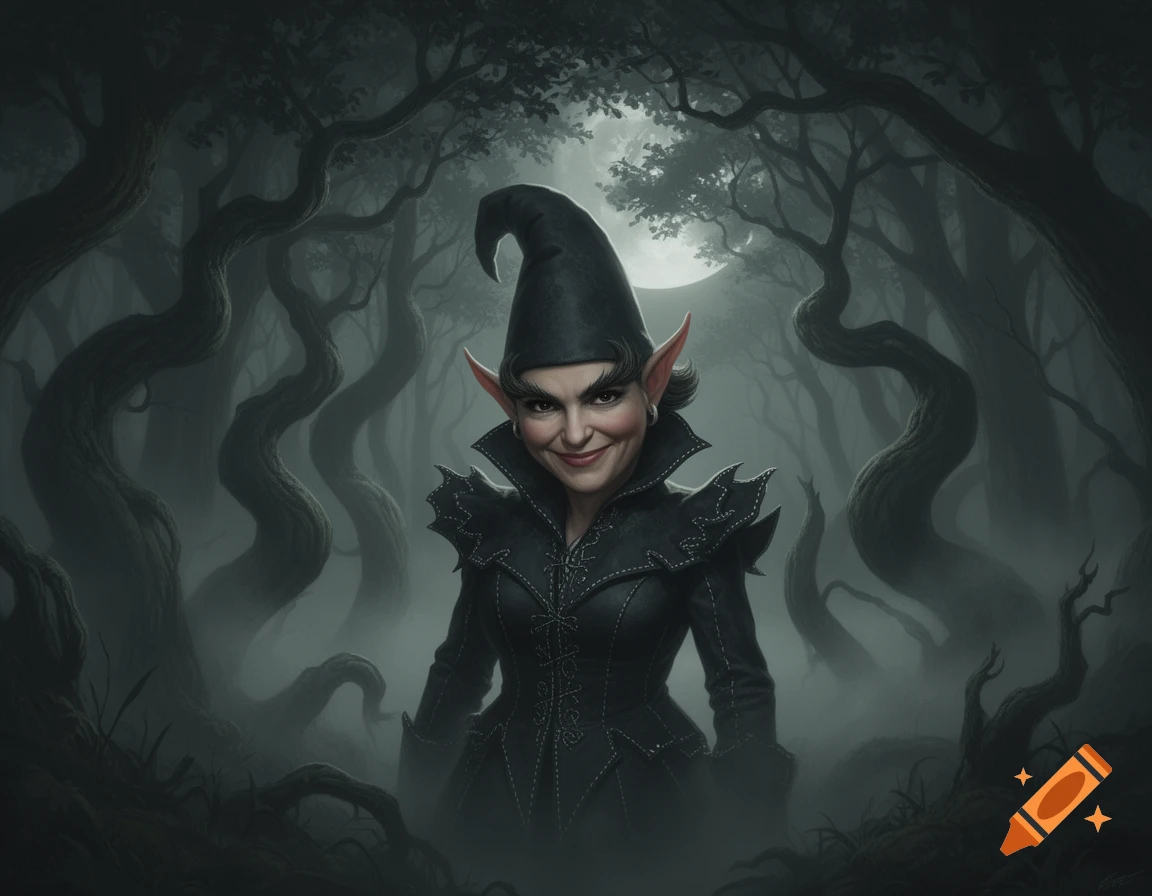 An evil-looking female gnome with large ears and a pointy hat stands in a dark, misty forest under a full moon, with twisted trees.