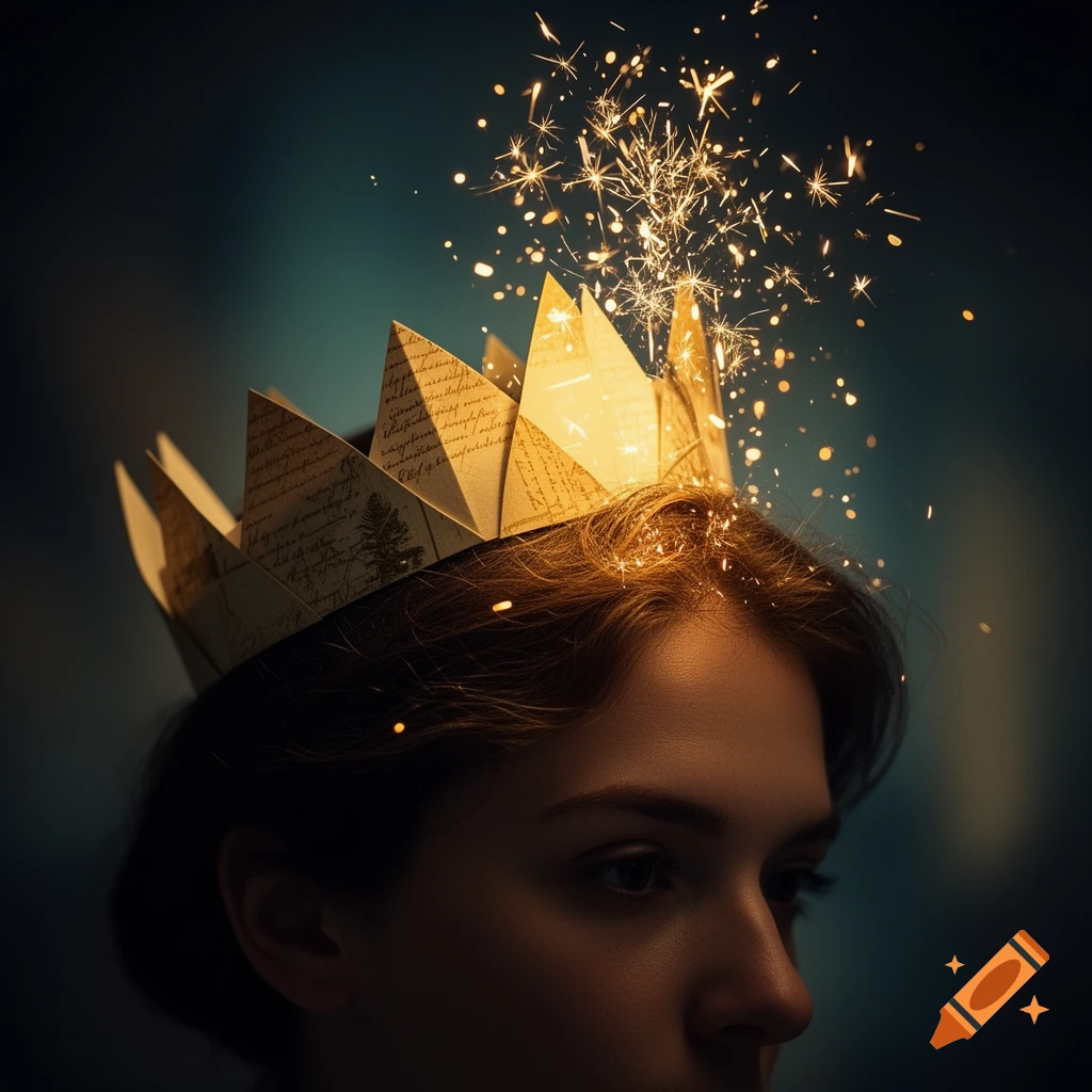 Close-up portrait of a person wearing a paper crown with golden sparks showering above their head.