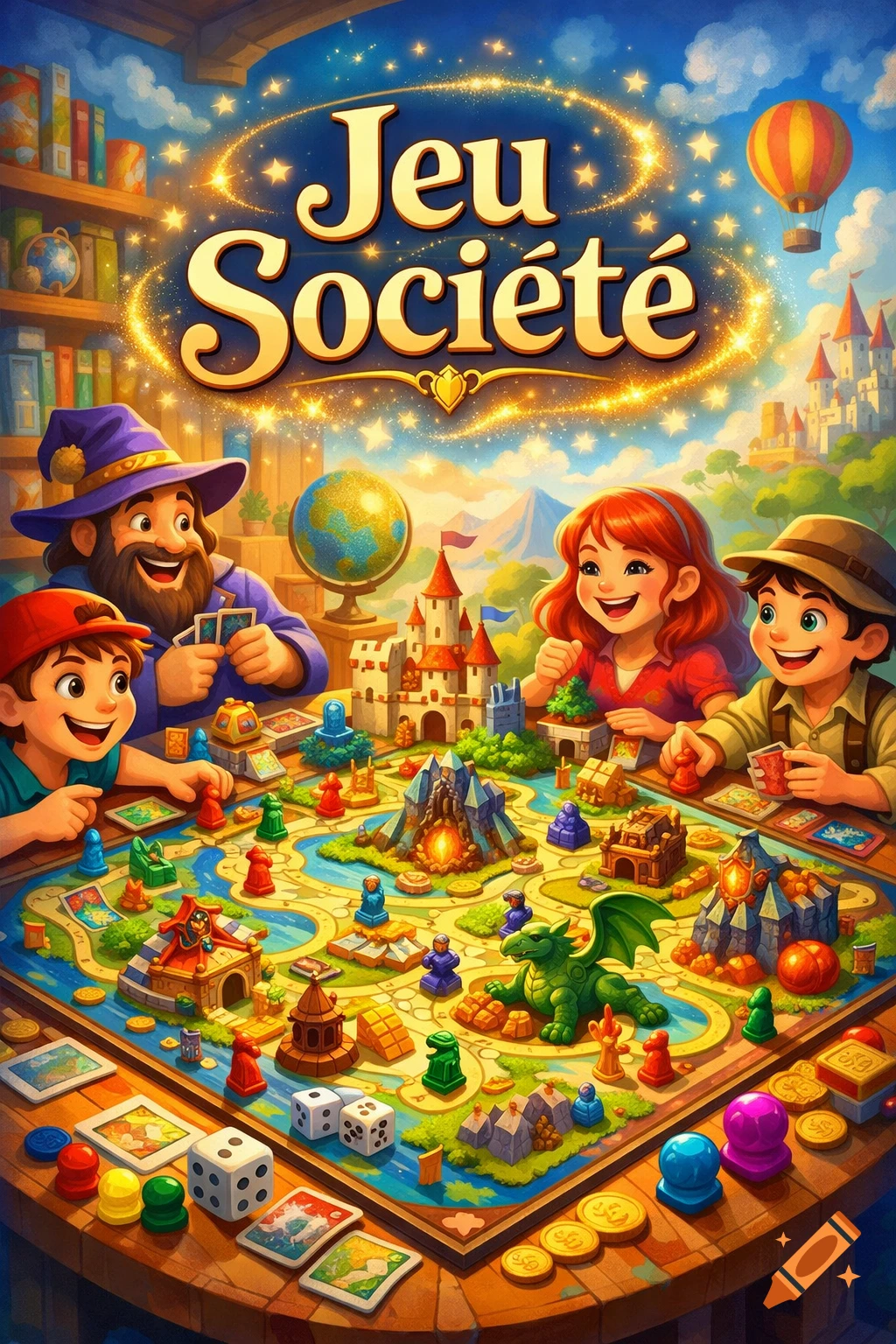 A wizard-like man, a boy, and a girl happily playing a vibrant fantasy board game with castles, a dragon, and magical stars overhead.