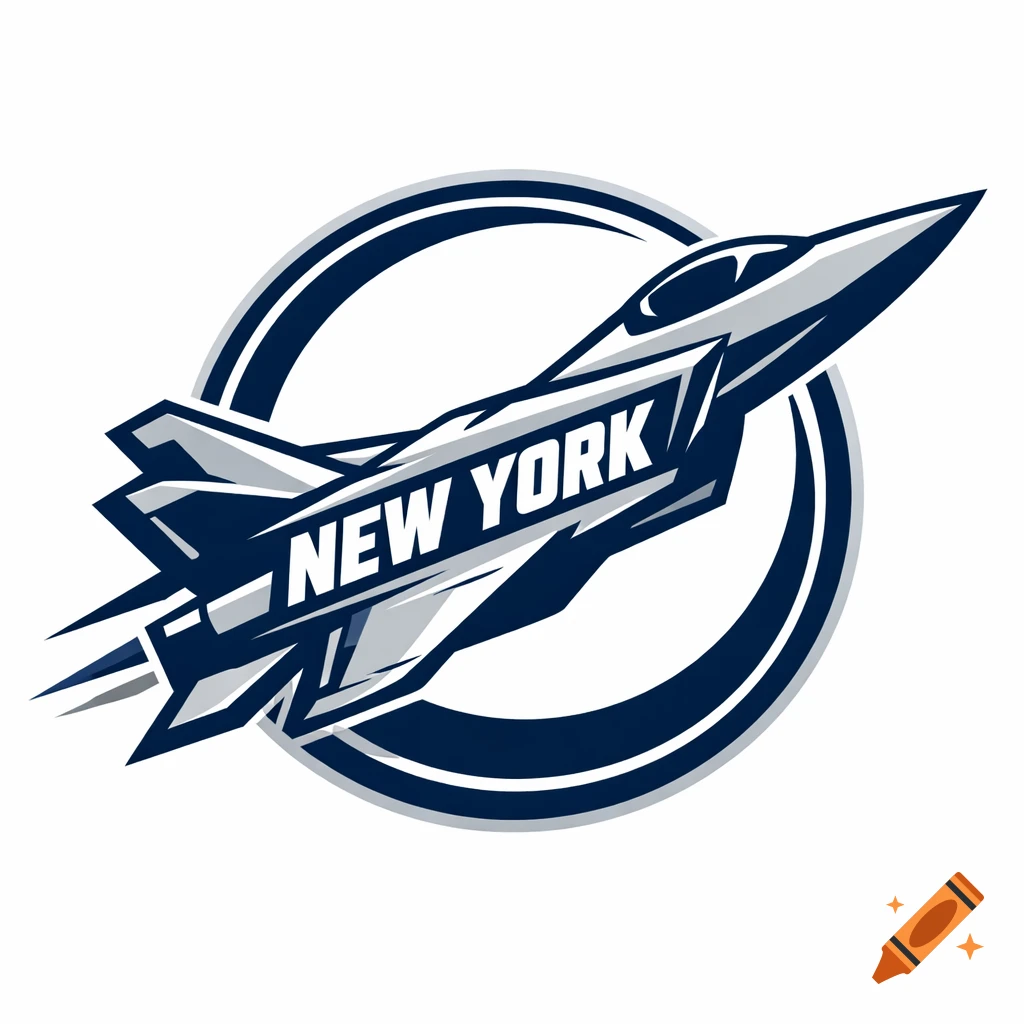 A dark blue and light gray logo of a stylized fighter jet with 'NEW YORK' written on its side, against a white background.