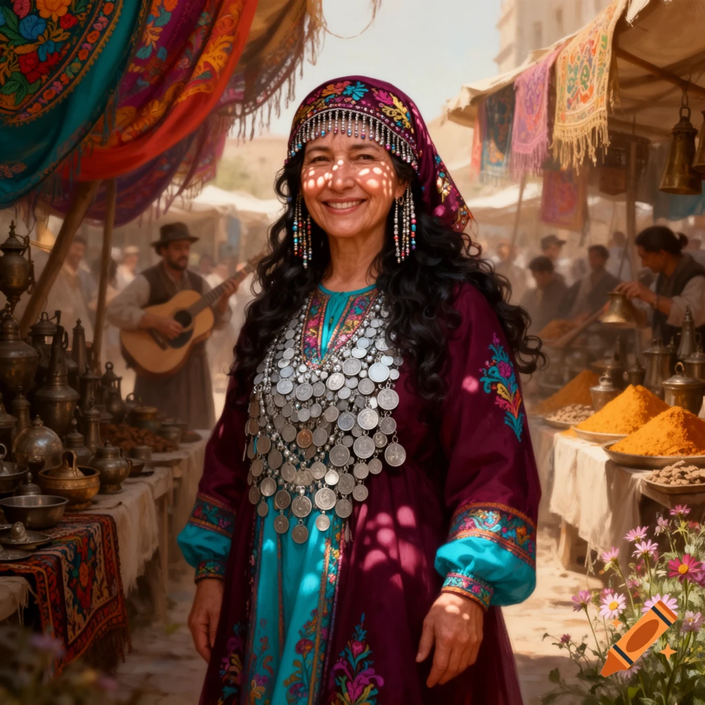 Smiling woman in traditional attire with coin necklaces and headscarf in a bustling, colorful market scene.