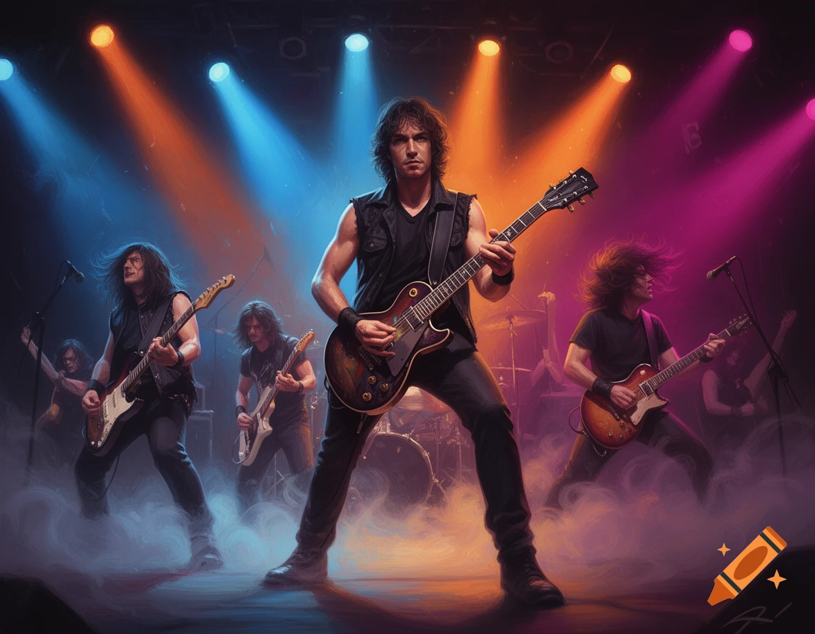 A rock band performs on a smoky stage under blue, orange, and pink spotlights. A lead guitarist in the center looks directly at the viewer.