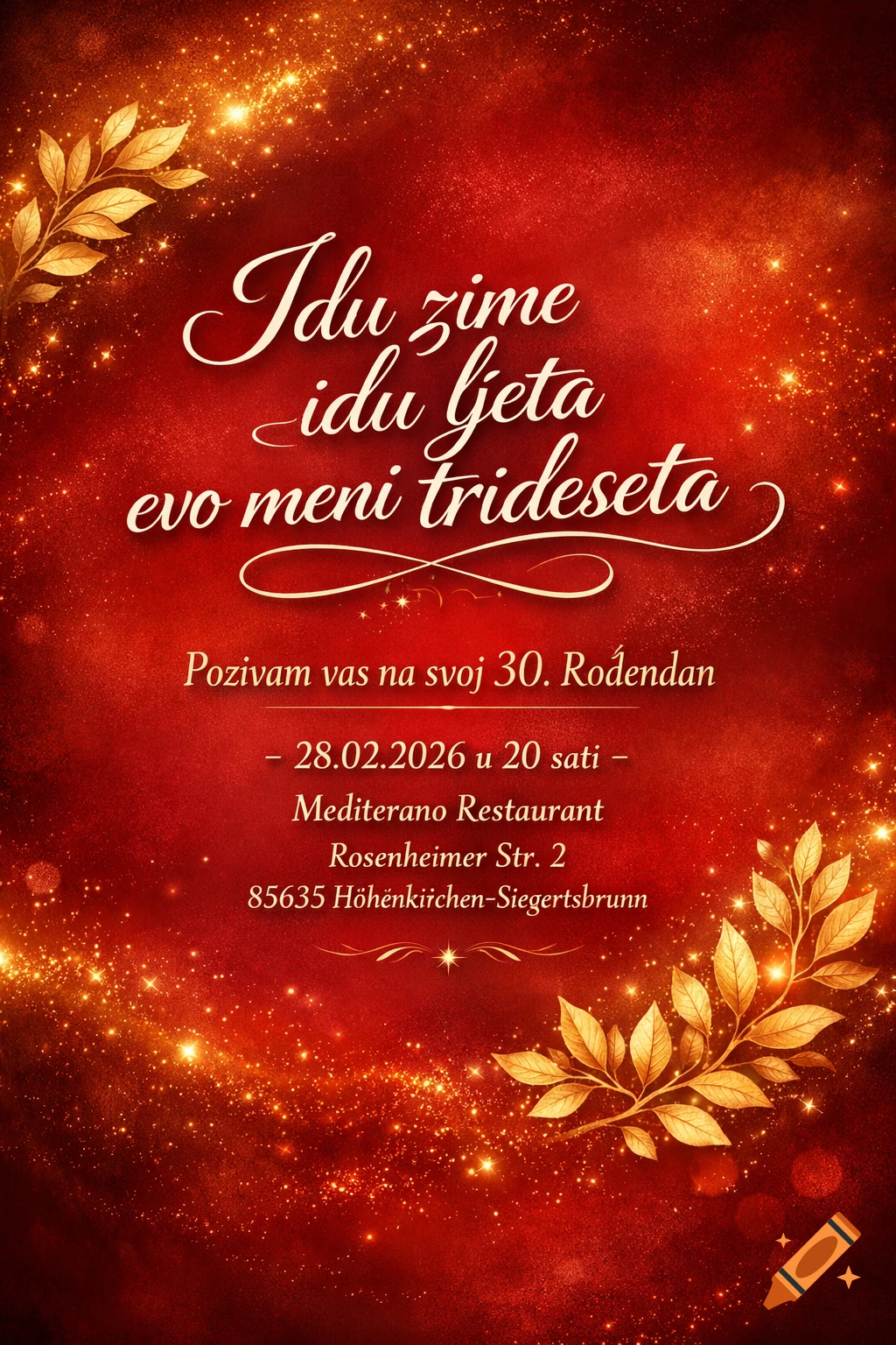 A red and gold 30th birthday invitation with elegant text, sparkling glitter, and golden decorative leaves.