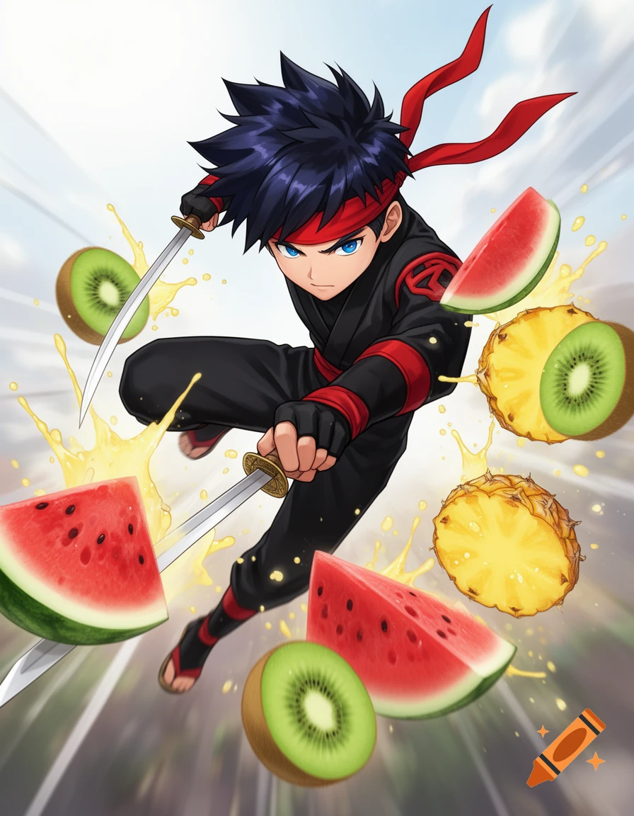 Anime-style ninja boy in black and red, mid-leap, slicing various fruits with two swords, with juice splashing.