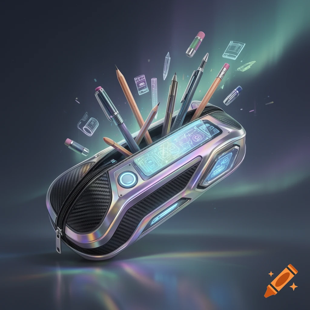 A futuristic pencil case made of carbon fiber and shiny metal, featuring glowing blue screens and filled with pens and pencils, floating in a dark setting.