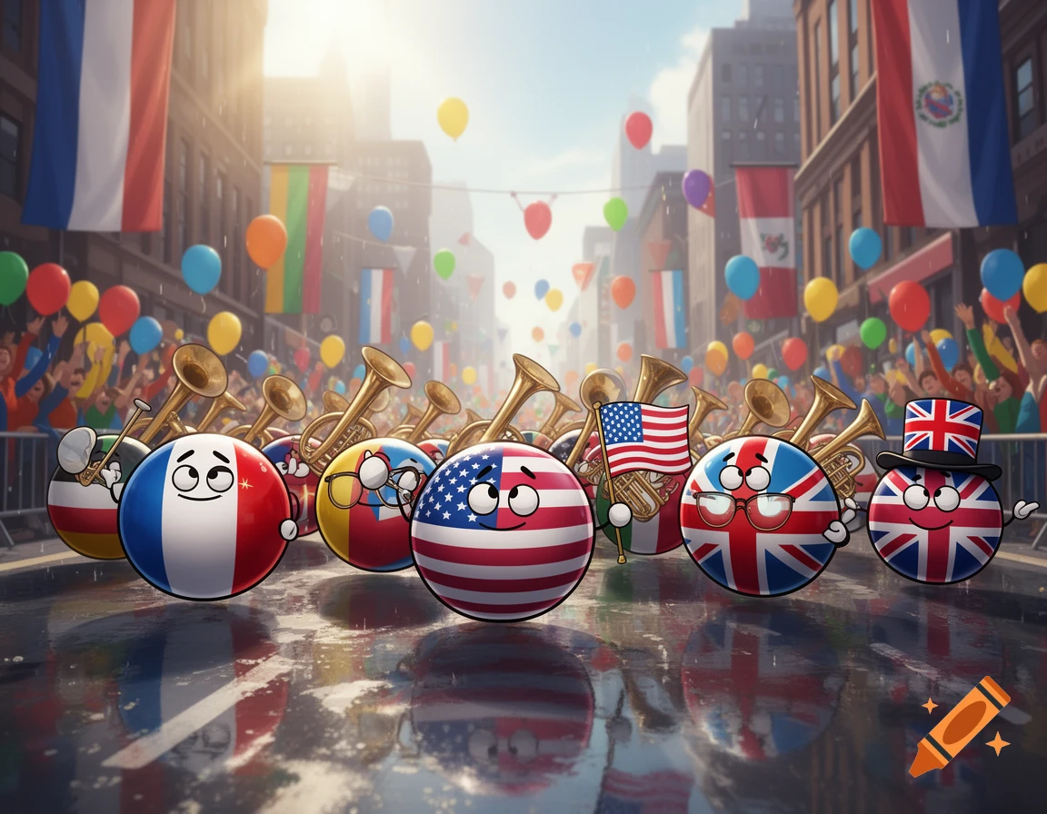 Cartoon countryballs representing different nations, some holding trumpets, parade down a city street with flags and balloons.