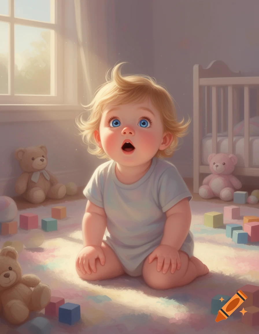 A blonde baby with wide blue eyes kneels on a colorful rug in a sunlit nursery, surrounded by blocks and teddy bears, looking surprised.