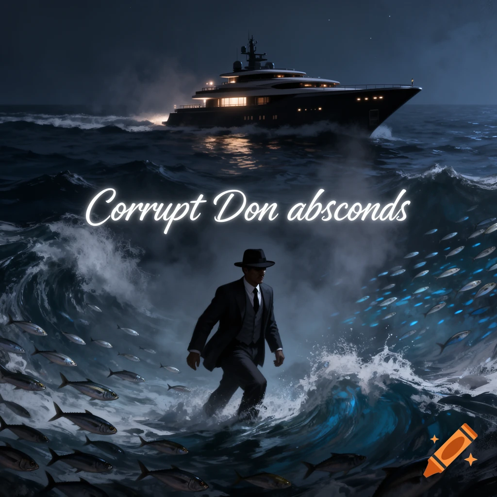 A man in a fedora and suit walks through a stormy ocean with fish, as a large yacht sails in the dark background. Text reads "Corrupt Don absconds".