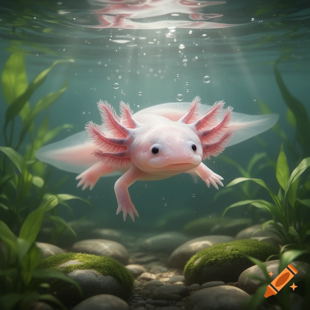 A pink axolotl with feathery gills swims underwater amidst green plants and mossy rocks, with light rays filtering from the surface.