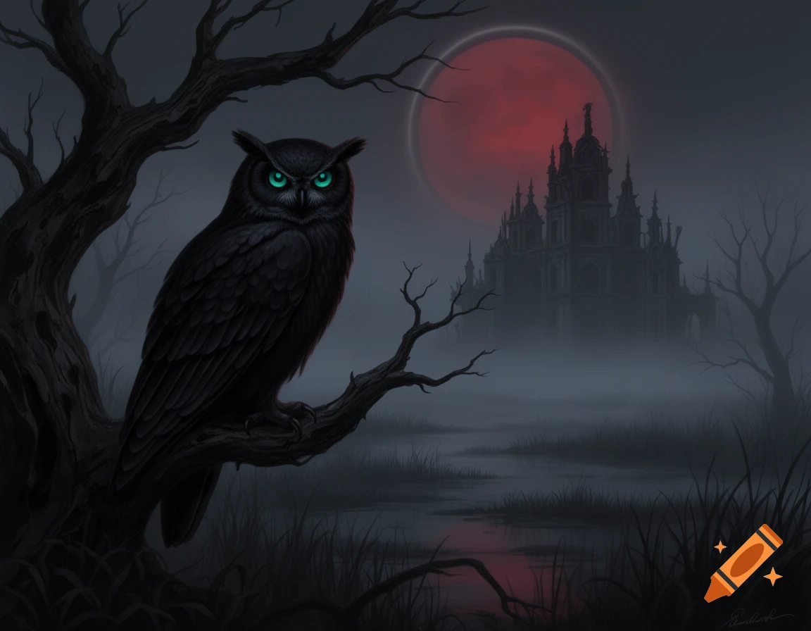 A black owl with glowing turquoise eyes perches on a gnarled tree branch in a misty swamp. A red blood moon illuminates a gothic castle.