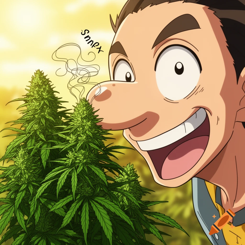 Smiling anime man sniffing large cannabis buds with exaggerated scent lines and gibberish text "SnnPX".