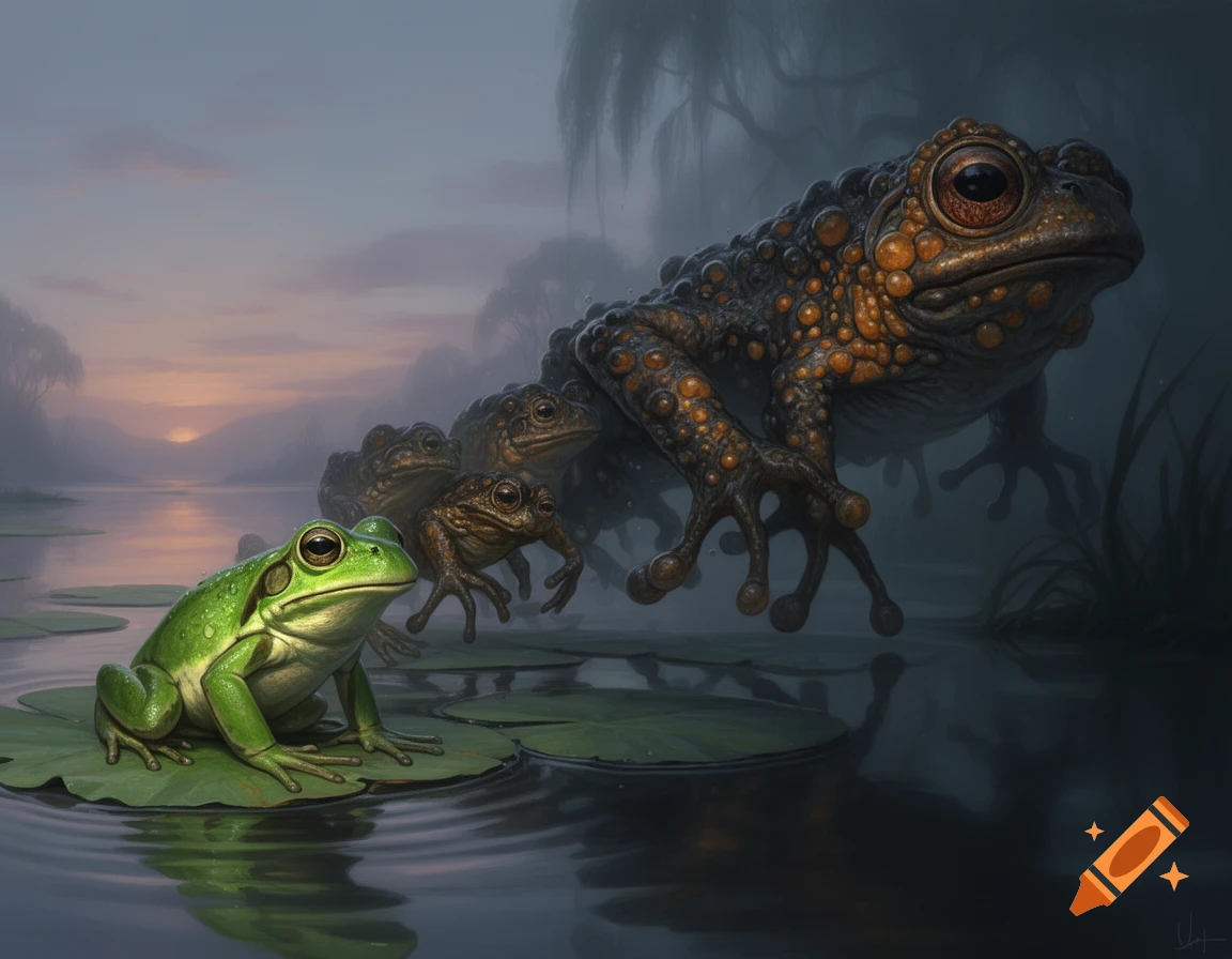 A bright green frog on a lily pad faces a line of progressively larger, darker, and more grotesque toad-like creatures emerging from a misty swamp at sunset.