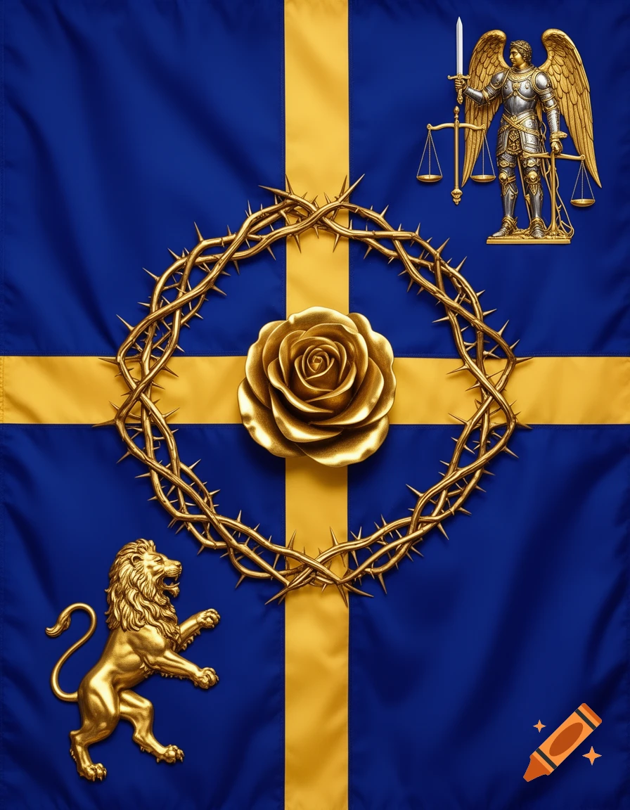 A deep royal blue flag with a golden cross. A golden crown of thorns encircles a golden rose. A golden archangel and lion are in the corners.