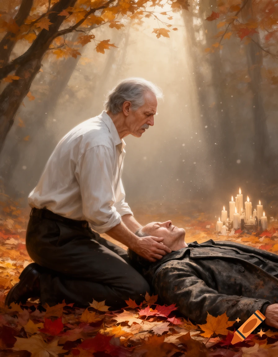 An old man kneels, gently cradling another man's head amidst fallen autumn leaves and glowing candles in a sunlit forest.