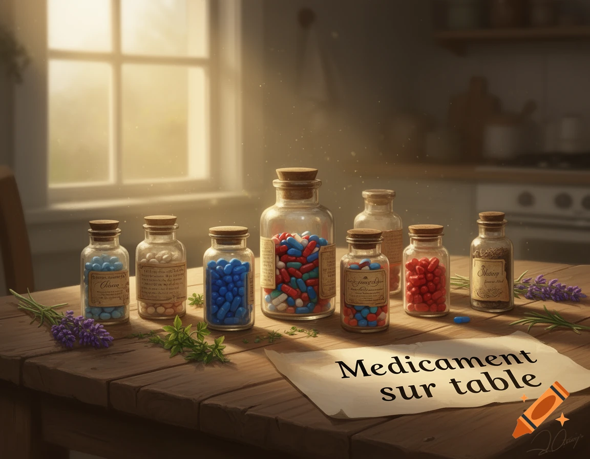 Photorealistic image of glass bottles filled with colorful pills and a paper sign saying 'Medicament sur table' on a wooden table with herbs, by a sunny window.