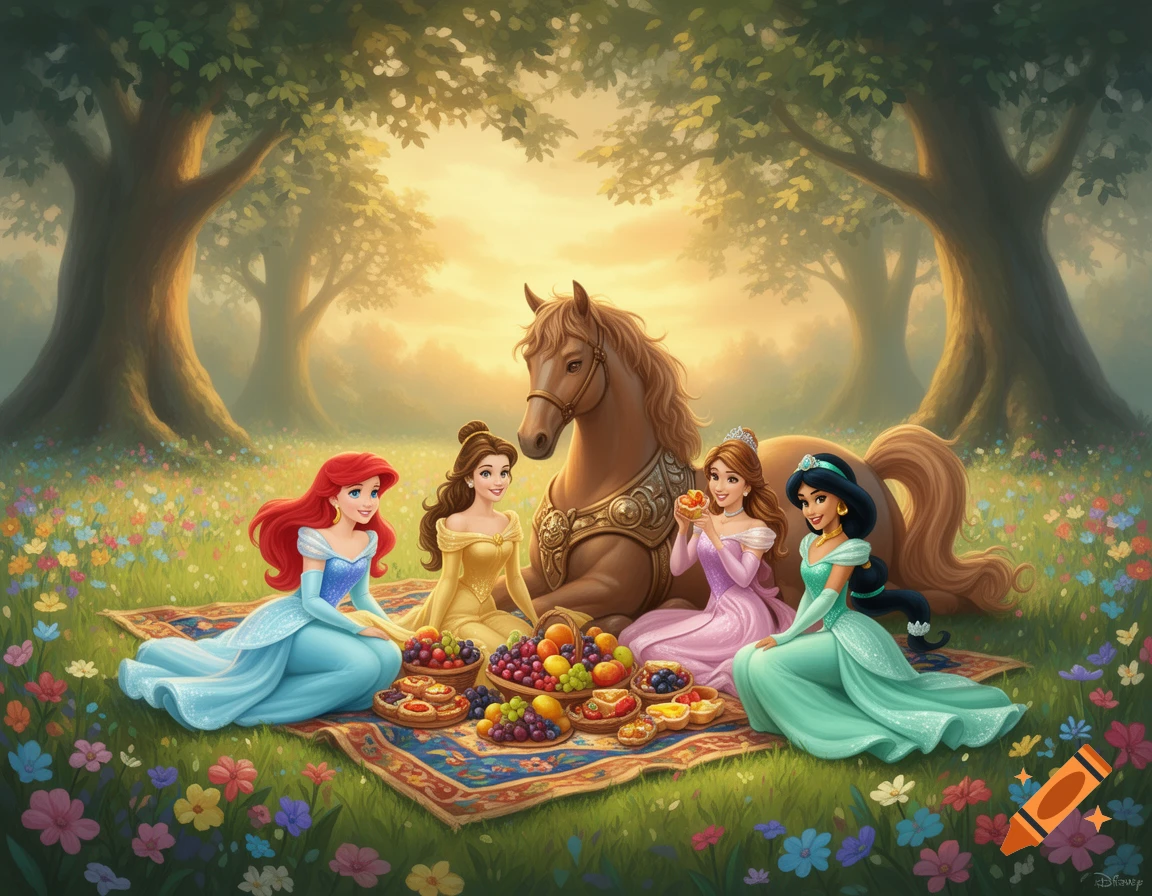 Four Disney princesses, Ariel, Belle, Cinderella, and Jasmine, share a picnic with a brown horse in a vibrant, flower-filled forest clearing at sunset.