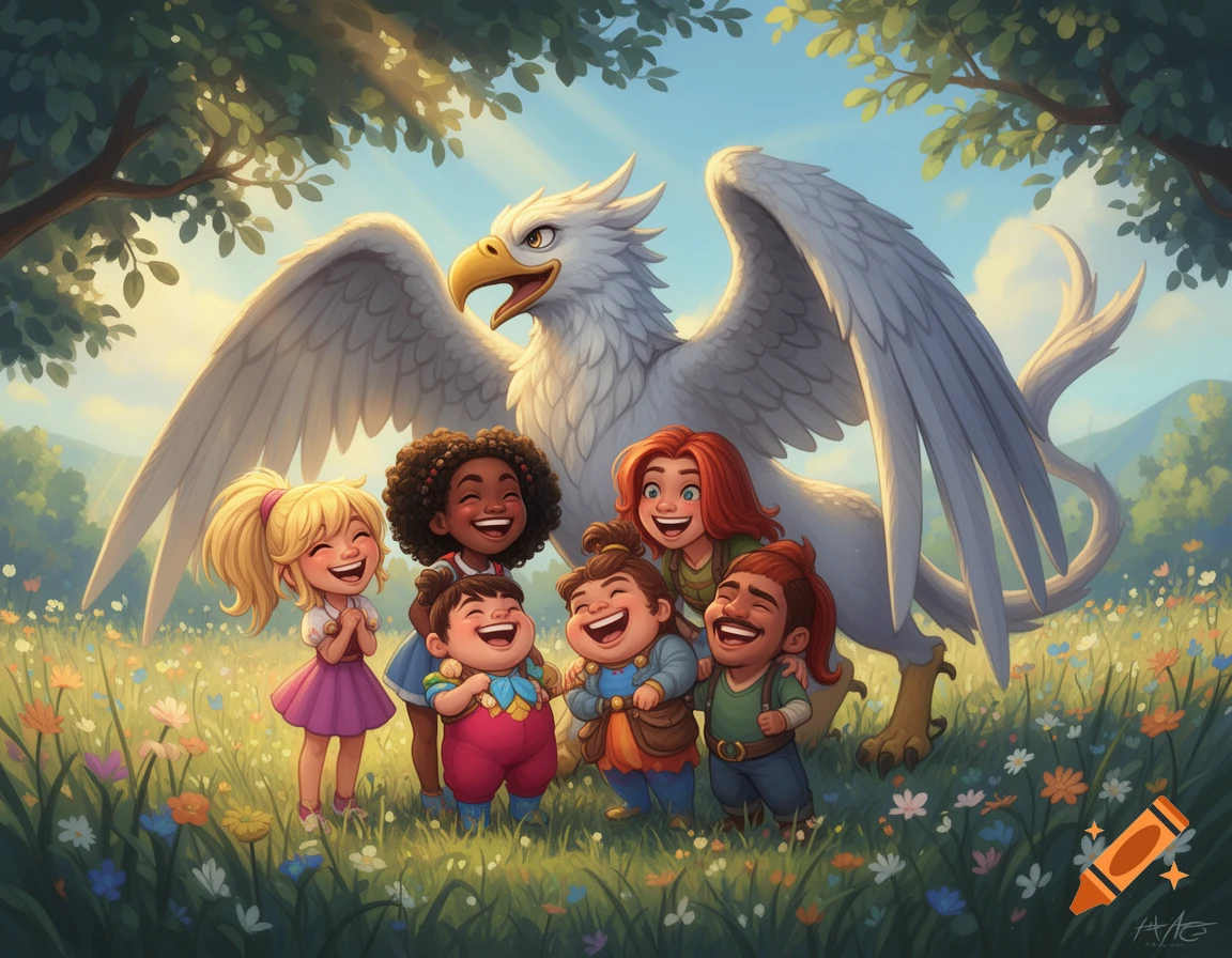 A cheerful cartoon griffin stands with five diverse, laughing children in a sunny, flower-filled meadow.