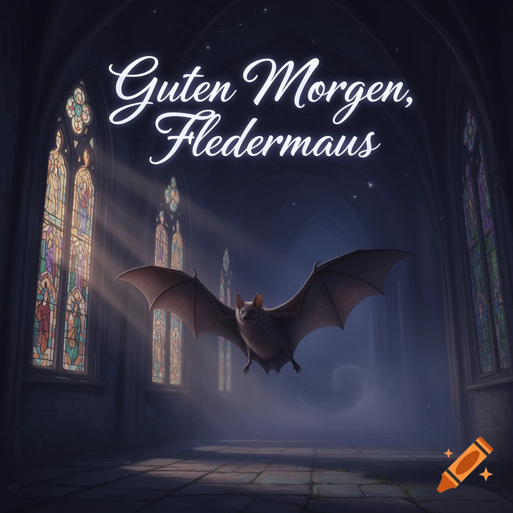 A bat flies through a dark gothic hall with stained glass windows. "Guten Morgen, Fledermaus" text is at the top.