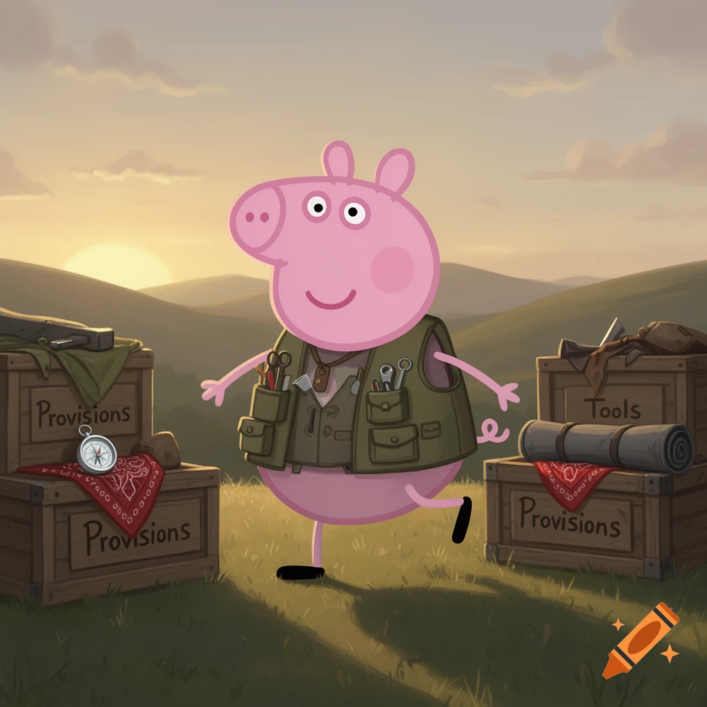 Peppa Pig as a prepper, wearing a vest with tools, standing in a grassy field at sunset between crates labeled 'Provisions' and 'Tools'.