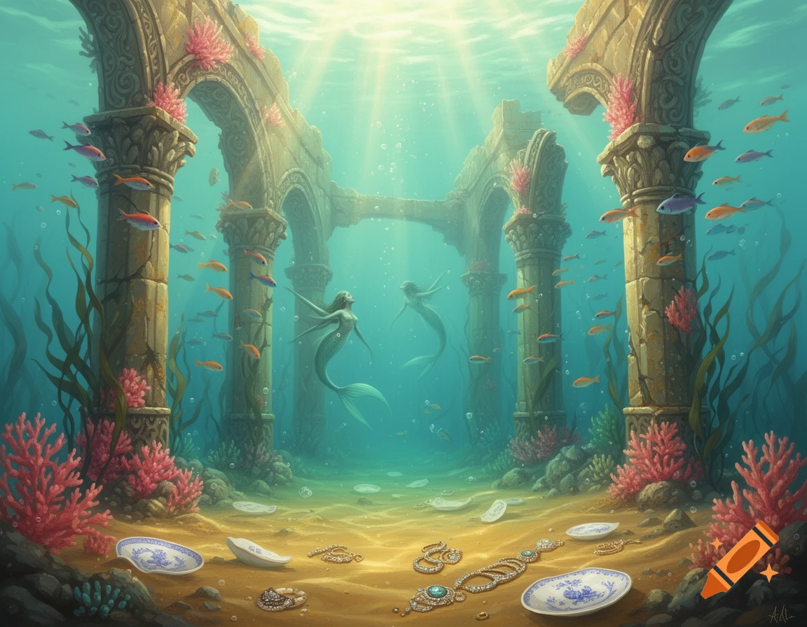 Two mermaids in a sunlit sunken kingdom with ancient ruins, schools of fish, coral, and treasures on the sandy seabed.