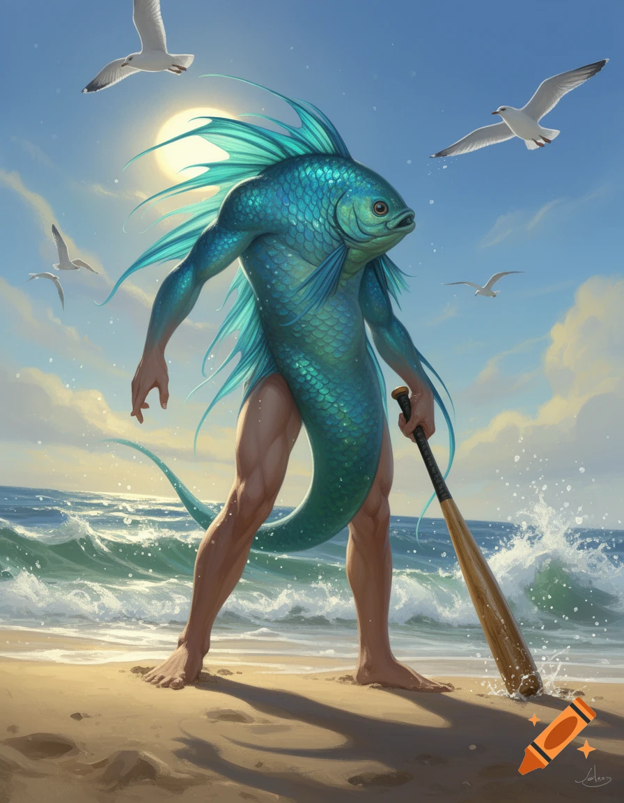 Merman Fish Open A reverse merman with a fish head and human body stands on a sunny ...