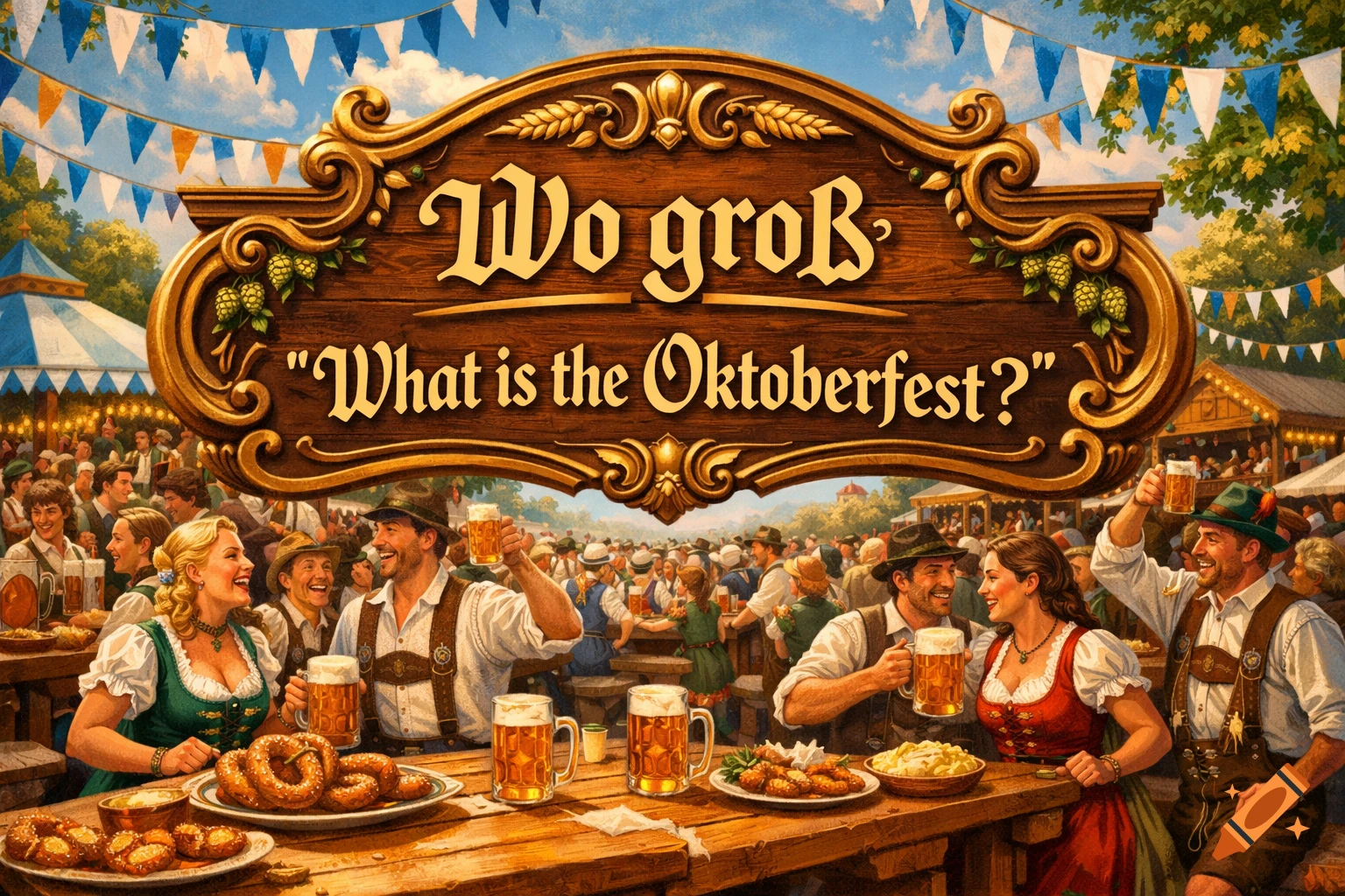 A lively Oktoberfest scene with people in traditional attire, raising beer steins, with pretzels and food on a table, under a banner with text.